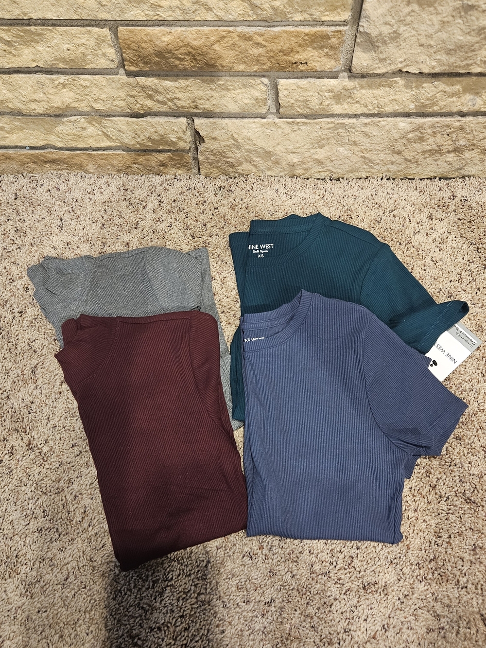 Nine West Ribbed Short Sleeve Tee Bundle - Gray, Burgundy, Dark Green, Blue